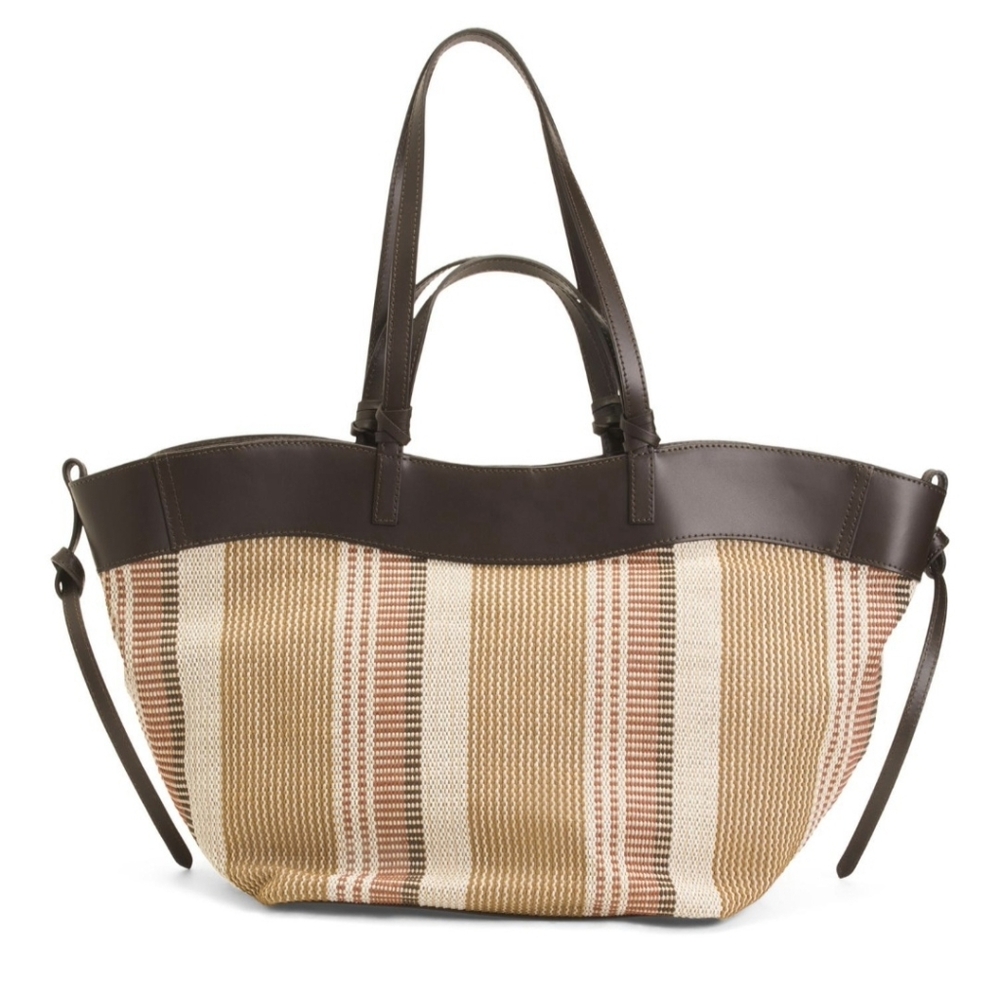 Woven Stripe Tote Bag with Dark Brown Trim
